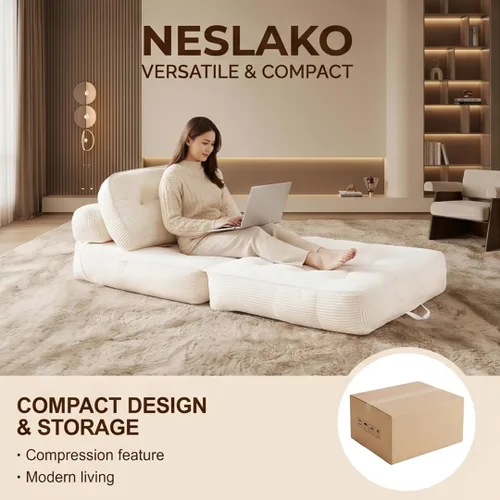 Miniatura 7 de Sofá cama plegable, futón de franela con almohada y manta, silla convertible para sala de estar y dormitorio, color blanco