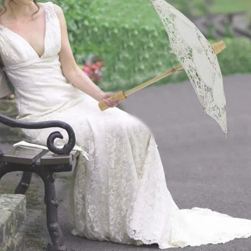 Miniatura 3 de Diyeeni Paraguas de novia, elegante sombrilla de bordado de algodón con encaje floral hecho a mano, sombrilla con mango de madera para bodas