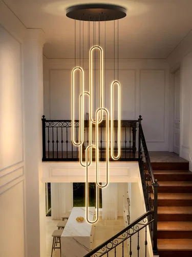 Miniatura 14 de Flashing God Candelabro moderno, candelabros cromados con 6 anillos LED, lámpara de techo alto más grande para sala de estar, lámpara rectangular