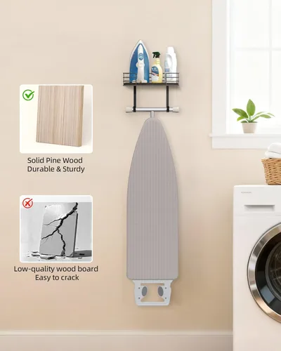 Miniatura 5 de Soporte para tabla de planchar de pared, colgador de metal para tabla de planchar con estante, decoración de cuarto de lavado y accesorios, soporte