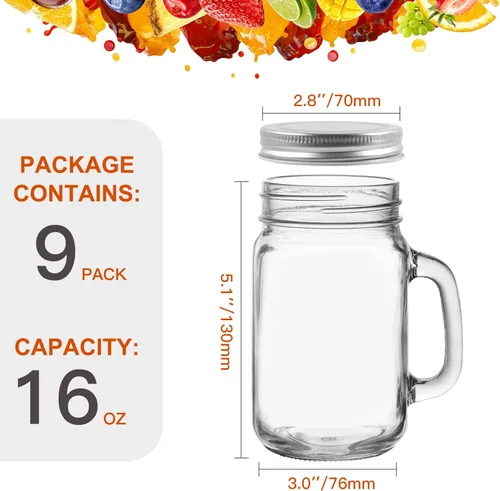 Miniatura 2 de Tarros de vidrio con mango de 16 onzas con tapas, paquete de 9 tarros Mason Tarro de avena de vidrio reutilizable de 16.2 fl oz, tazas de cerveza