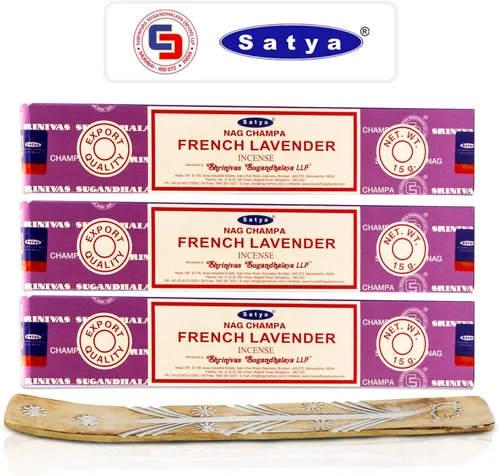 Satya - Varillas de incienso de lavanda francesa, Satya sai Baba Insenses 15 gmx3 (45 gm) paquete con soporte de incienso Raajsee, incienso natural