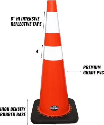 Miniatura 2 de Juego de 24 conos de tráfico de PVC de seguridad naranja RK de 36 pulgadas, base negra con collares reflectantes de 6 pulgadas + 4 pulgadas, base