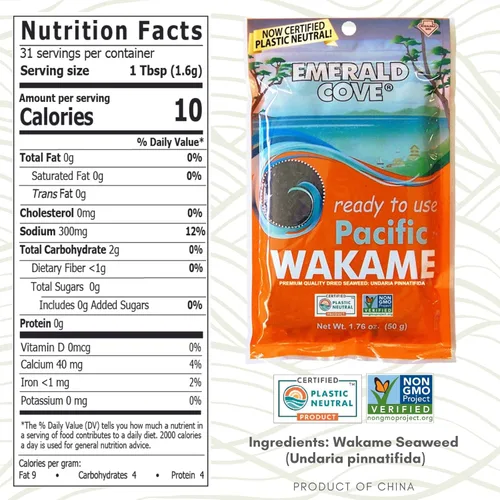 Miniatura 2 de Emerald Cove Pacific Wakame, algas secas, sin OMG, naturalmente sin gluten, bolsa resellable, 1.76 onzas (paquete de 3)