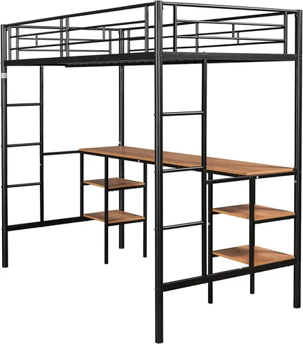 Miniatura 7 de Escritorio y estantes de metal tamaño individual, cama alta de metal con escritorio y estantes de almacenamiento, marco de cama que ahorra espacio