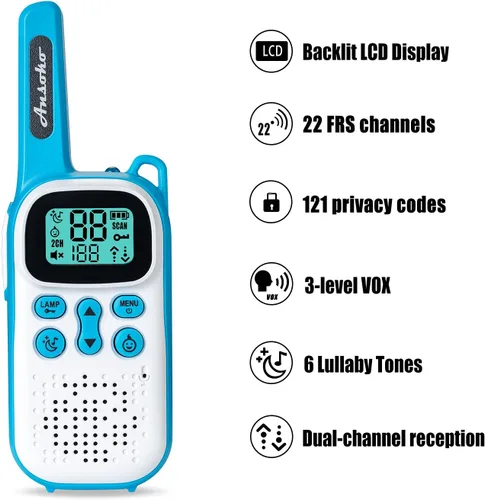 Miniatura 2 de Walkie Talkies de doble recepción para niños y adultos, radios de 2 vías sin licencia con puerto de carga USB, VOX, linterna LED y tonos de cuna