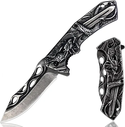 Miniatura 7 de Vividstill Navaja de bolsillo para hombres, genial cuchillo plegable de bolsillo 3D DRAGÓN con clip, gran regalo EDC para hombres, ideal para Dorado