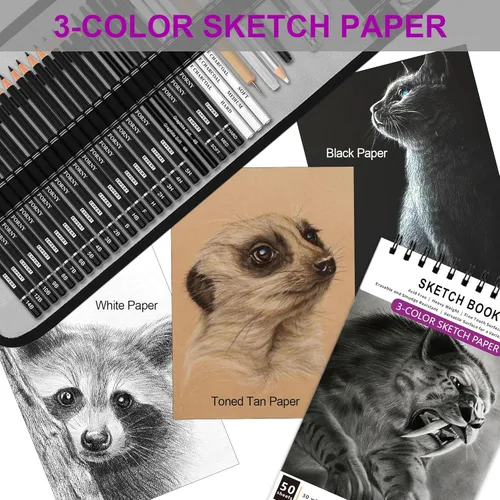Miniatura 7 de HIFORNY Juego de 60 lápices de dibujo, lápices de bocetos, suministros de arte con cuaderno de bocetos de 3 colores, grafito, carbón, lápices