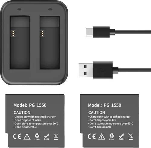 AKASO Brave 8 y Brave 8 Lite 2X 1550mAh Batería recargable de cámara de acción con cargador dual USB