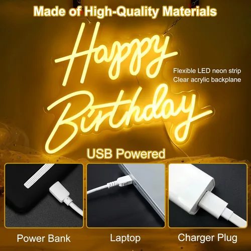 Miniatura 5 de Aslanka Letrero de neón de feliz cumpleaños, letreros de neón LED para decoración de fiestas, letrero de luz de neón HBD alimentado por USB