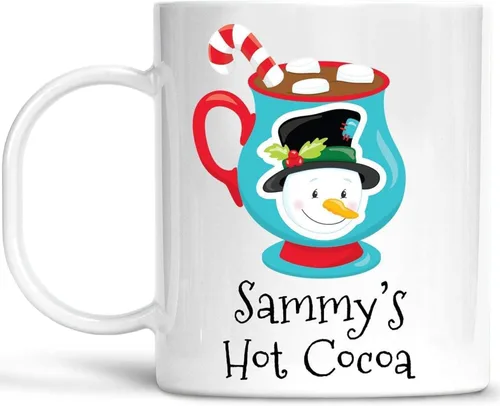 Taza de Navidad personalizada con diseño de muñeco de nieve de cacao caliente con nombre de niños, irrompible, apta para lavavajillas, sin BPA
