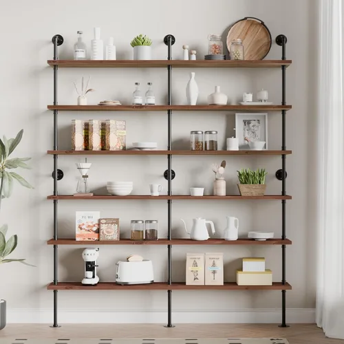Miniatura 11 de Estantes industriales de tubería de escalera, estantería rústica de metal de madera montada en la pared para sala de estar