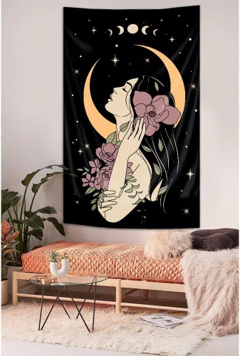 Miniatura 2 de Riyidecor Tapiz vertical de mujer misteriosa de fase lunar, bohemio, pequeño, gótico, para colgar en la pared, plantas florales, hojas estrelladas