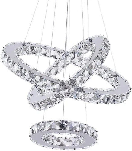 Miniatura 9 de Lámparas de araña LED de cristal, lámpara colgante moderna para comedor, lámpara de techo ajustable con 3 anillos, de acero inoxidable, blanco frío