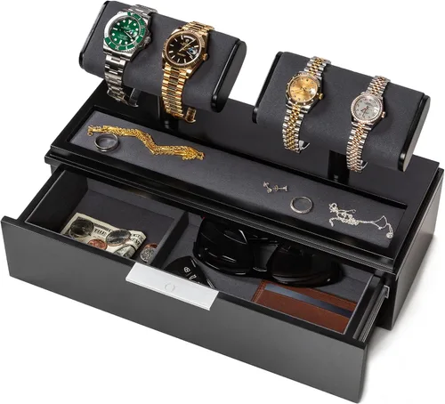 Miniatura 8 de QWATCH - Caja de acrílico para 2 o 4 relojes con bandeja de valet de joyería y cajón