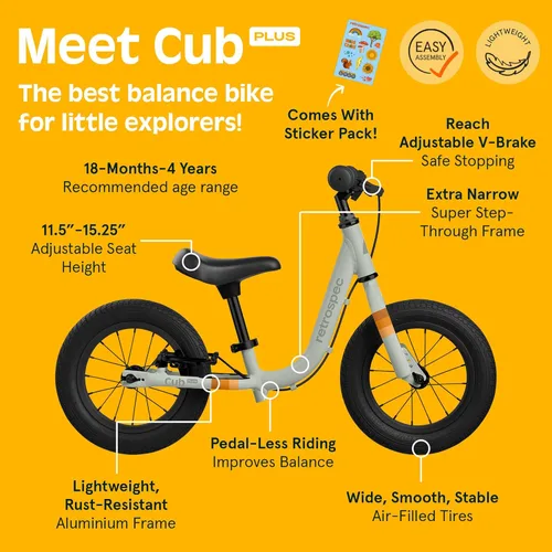 Miniatura 2 de Retrospec Cub Plus - Bicicleta de equilibrio para niños y niñas de 18 meses a 4 años, sin pedales, con marco ligero y freno en V ajustable, asiento