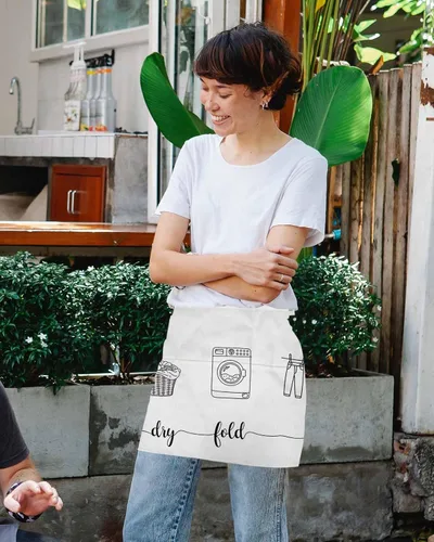 Miniatura 4 de Laundry Room Server Aprons with 3 Pockets, Cartoon Wash Dry Fold Repeat Simple Lines Art Waitress Waist Apron for Women Men Waterproof Half Aprons