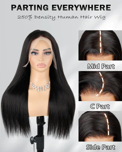 Miniatura 5 de MOONBAY Pelucas de cabello humano con encaje frontal de densidad 250%, 20 pulgadas 13x4 de encaje frontal liso, pelucas de cabello humano con nudos