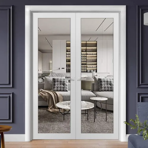Miniatura 2 de SARTODOORS Puertas dobles francesas macizas de 48 x 96 pulgadas de vidrio transparente Lucia 2166 blanco mate Marcos de panel sólido de madera