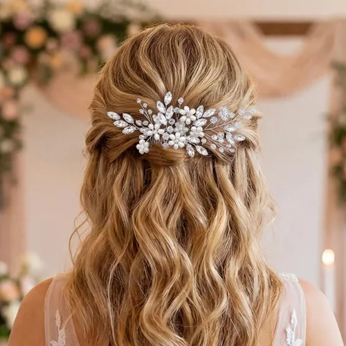 Miniatura 8 de Unicra Peine para el cabello de boda con flores de novia, peine lateral plateado, accesorio para el cabello para mujeres y niñas (dorado)