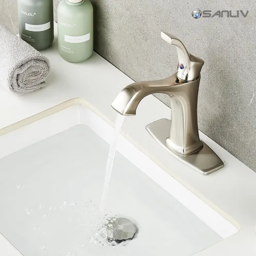 Miniatura 9 de Grifo de Baño de Níquel Cepillado, Grifo de Lavabo de Baño Centerset de Una Sola Manija Sanliv con Desagüe Pop-Up y Placa de Cubierta