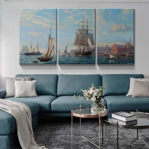 Miniatura 2 de Denozer - 3 paneles de impresiones artísticas en lienzo para pared - Barco de vela grande en pintura de paisaje oceánico Decoración moderna