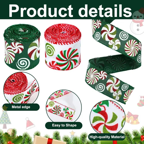 Miniatura 4 de Yinder 2 rollos de cinta de Navidad de 20 yardas, cinta roja y verde con purpurina de 2.5 pulgadas, cinta decorativa para coronas, caja de regalo