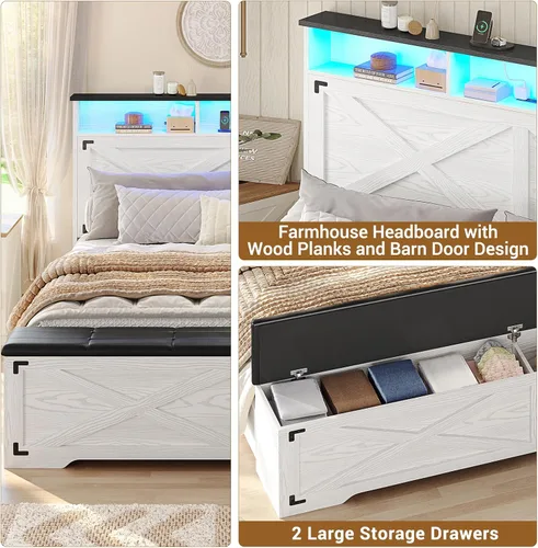 Miniatura 3 de Hasuit - Marco de cama tamaño queen con otomano de almacenamiento, marco de cama estilo granja con estación de carga y luz LED, cabecero con estante