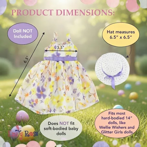 Miniatura 6 de Emily Rose Vestido de gasa de Pascua y primavera de 14 pulgadas con sombrero blanco a juego Traje de verano floral Se adapta a WellieWishers