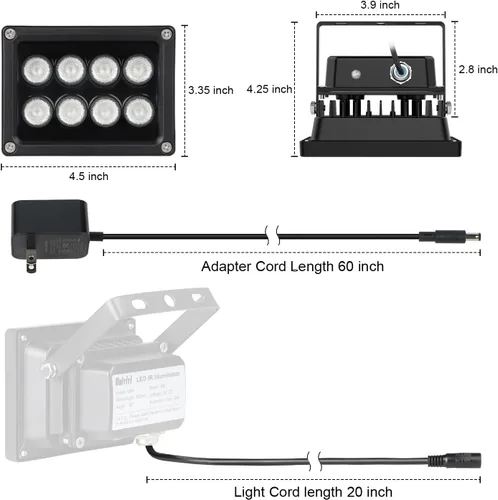 Miniatura 5 de Univivi Iluminador de infrarrojos de 90 grados de gran ángulo con 8 LED IR, luz infrarroja de 850 nm, iluminador de infrarrojos para visión