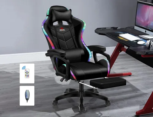 Miniatura 2 de Silla ergonómica para juegos profesional con luces LED y altavoces, silla de videojuegos con masaje y reposapiés, silla de computadora de respaldo
