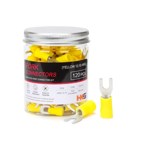 Miniatura 10 de HKS 120 piezas de conectores de alambre de horquilla de pala aislados - Amarillo calibre 12-10 AWG tamaño perno M5 #10 - Cobre rojo estañado