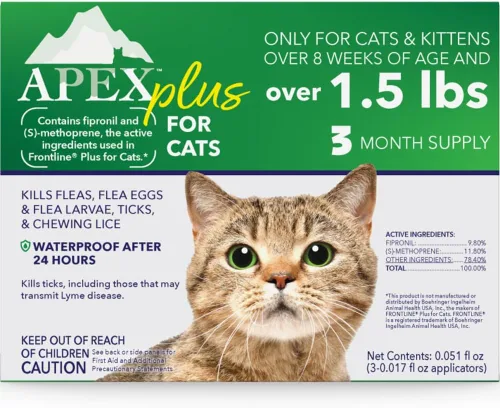 Tratamiento antipulgas Apex Plus para gatos, 1,5+ libras | Suministro de 3 meses | Gotas para el tratamiento de pulgas y garrapatas para gatos |