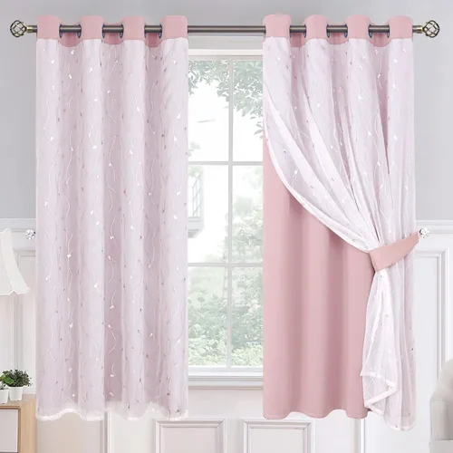 Miniatura 19 de BGment Cortinas de oscurecimiento de habitación con superposición transparente, cortinas de tul estampado plateado de doble capa para sala de estar