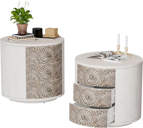 Miniatura 8 de COSIEST Mesita de noche vintage de 2 piezas, mesa de noche MDF de 2 niveles, mesa auxiliar de madera con cajón de almacenamiento y estante abierto