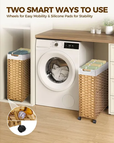 Miniatura 2 de GREENSTELL - Cesta de ropa con ruedas, 45 L (11.9 galones) Cesta pequeña de ropa con 2 bolsas extraíbles y 2 bolsas de malla, cesto de ratán delgado