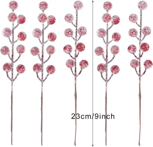 Miniatura 3 de 24 Piezas Tallos Artificiales de Bayas de Acebo de 9" Selecciones de Bayas de Navidad Rociadores Bayas Rojas Falsas Nevadas para Ramas de Árbol