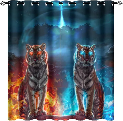 Miniatura 23 de Cool King of The Forest - Cortinas opacas con diseño de tigre anime, fantasía, animal, fuego, tigre, hielo, con ojales, ahorro de energía, 2