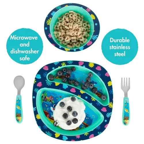 Miniatura 2 de First Years Baby Shark - Juego de vajilla para niños pequeños, incluye plato, cuenco, tenedor y cuchara, 4 unidades, color azul