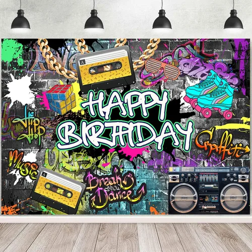 Miniatura 5 de InMemory Graffiti Hip Hop - Fondo de cumpleaños retro urbano para pared de ladrillo con cadena dorada, cinta grabadora de disco rock punk música