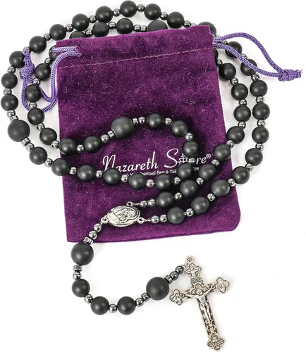 Miniatura 4 de Nazareth Store Rosario de cuentas de ágata negra, rosario de hombres católicos con cuentas naturales mate con piedras de hematita, medalla de suelo
