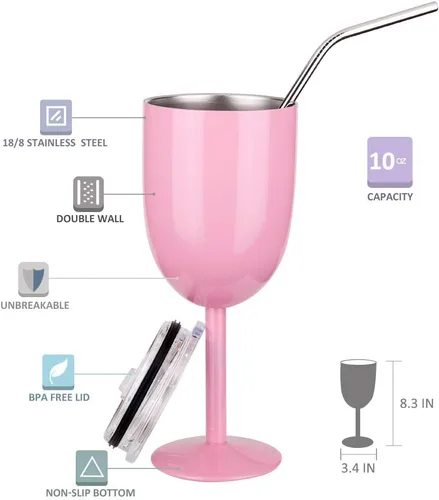 Miniatura 2 de AMZUShome Copas de vino de acero inoxidable (paquete de 2). Vaso de vino de doble pared aislado al vacío con tapa y pajita. Amistad, Navidad, Rosa