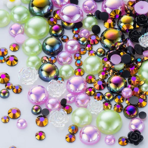 Miniatura 28 de 60g de Perlas Acuamarina Dorada con Diamantes de Imitación para Manualidades Tamaño Mixto 3mm-10mm Color AB Redondas Perlas Medias Planas Conjunto