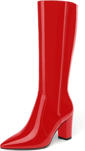 Miniatura 57 de AMBELIGHT Botas altas hasta la rodilla con cremallera y puntera puntiaguda para mujer, de patente sólida, tacón alto, 3.3 pulgadas