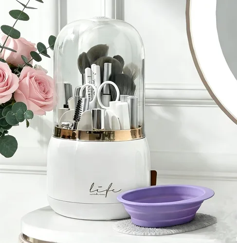 Miniatura 10 de Soporte giratorio para brochas de maquillaje con tapa, organizador de maquillaje transparente a prueba de polvo para encimera de tocador, incluye un