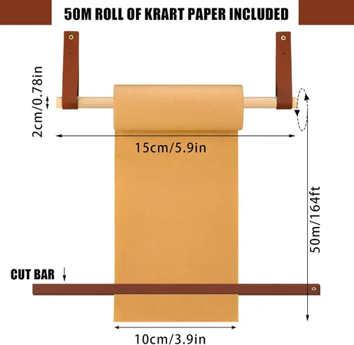 Miniatura 3 de Lincia - Dispensador de rollo de papel kraft de 10 cm montado en la pared, 50 metros, marrón, para listas de la compra, notas, manualidades, papel