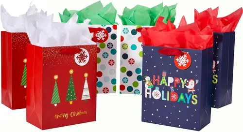SUNCOLOR Bolsas pequeñas de regalo de Navidad con papel de seda, paquete de 6 bolsas temáticas navideñas en 3 diseños festivos, 7 x 9 x 4 pulgadas,
