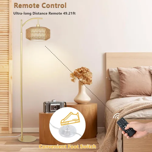 Miniatura 6 de LAMSU Lámpara de pie Arc Gold con control remoto y bombilla LED, lámparas de pie regulables para sala de estar con pantallas de ratán y tela