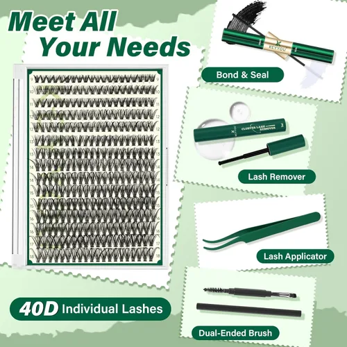 Miniatura 2 de Kit de extensión de pestañas DIY de KEYYOU, 300 piezas de racimos de pestañas, kit de extensión de pestañas con 40D de rizado C, 9-18MIX de racimos