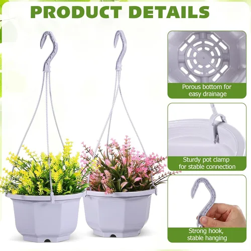 Miniatura 3 de 8-Inch Hanging Planters Octagonal Plastic Flower Pots with Hook, 10pcs Indoor Hanging Plant Baskets for Balcony and Garden, White Gardening
